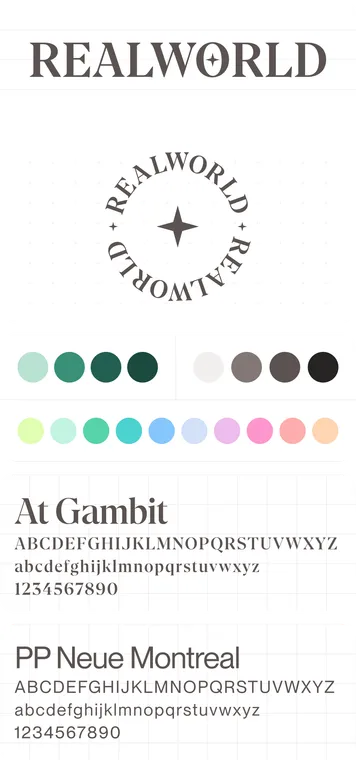 Brand identity board for 'REALWORLD.' The top left shows the wordmark 'REALWORLD' in serif font with a star symbol inside the letter O. Below, a circular logo version displays 'REALWORLD' repeated around a central star. On the right, two font styles are presented: 'At Gambit,' a serif typeface with uppercase, lowercase, and numbers; and 'PP Neue Montreal,' a sans-serif typeface with uppercase, lowercase, and numbers. A vertical palette of 14 colors, ranging from neutrals to pastels and greens, is shown in the center.