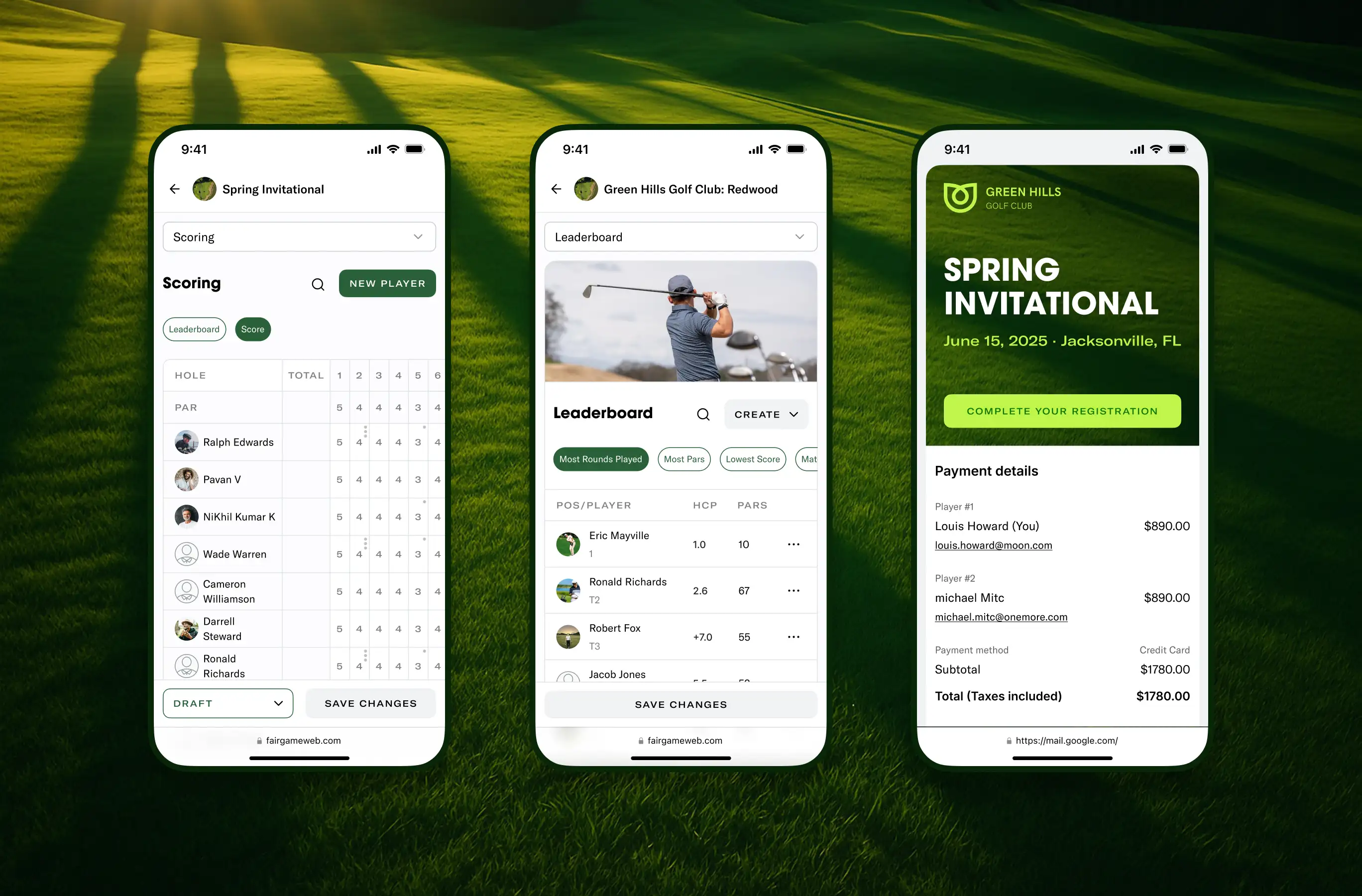 3 screens of Fairgame's UI on 3 mobile mockups.